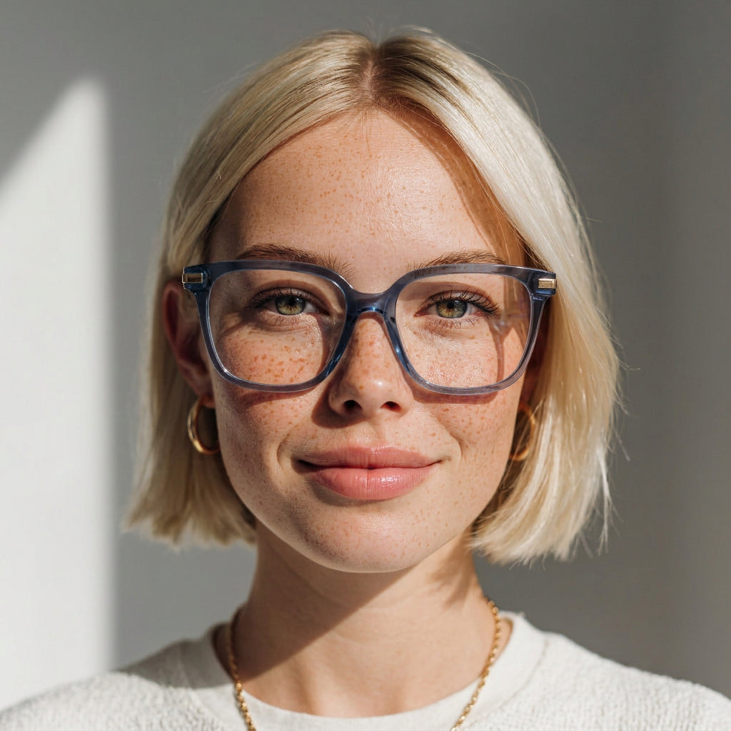 Square transparent blue eyeglasses