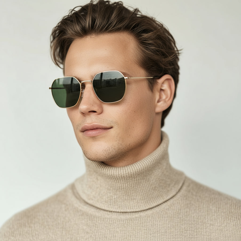 Geometric minimal gold and green sunglasses