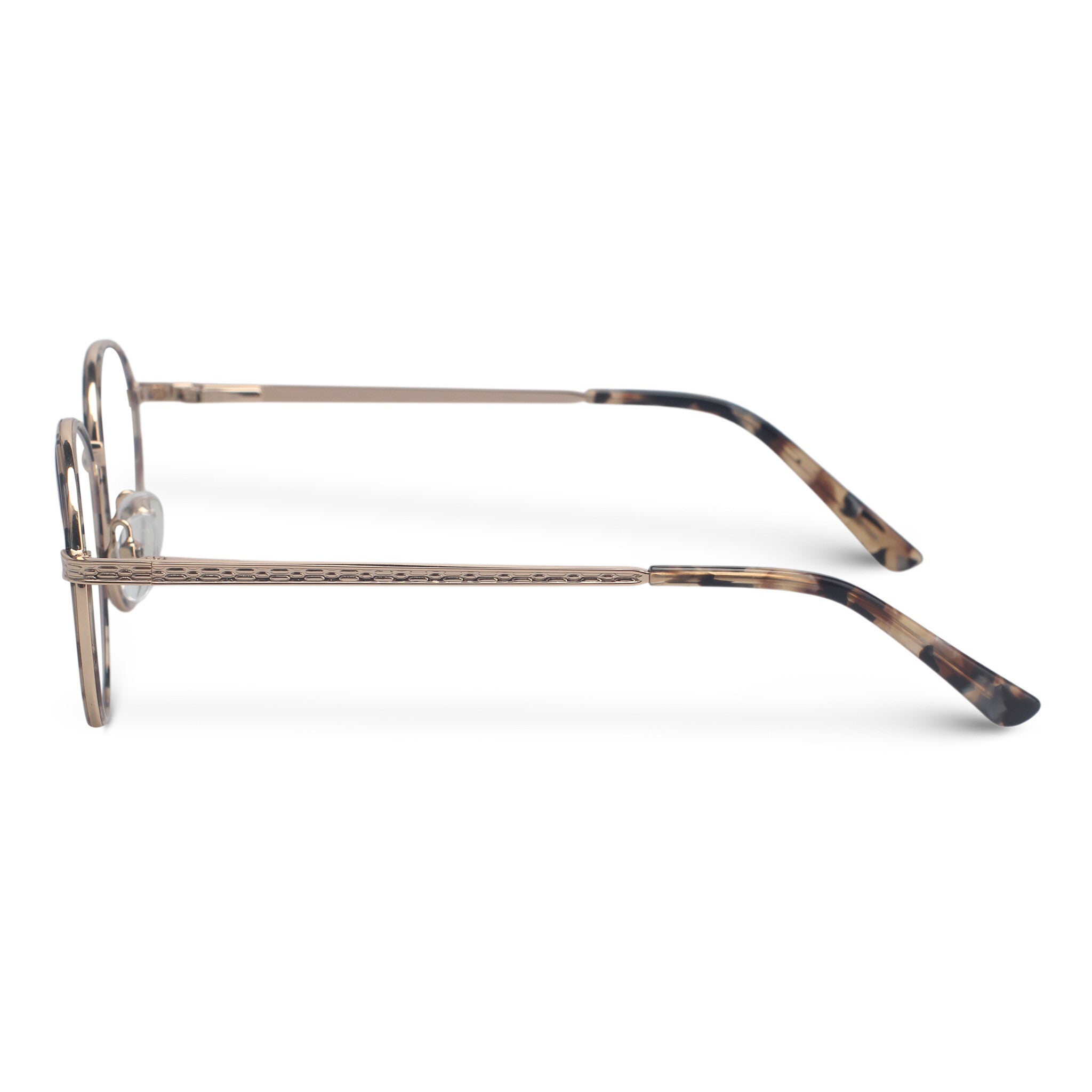 Round tortoise and gold eyeglasses