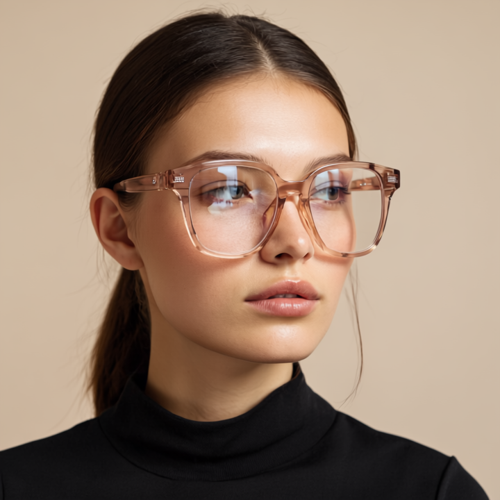 beige pink square plastic eyeglasses