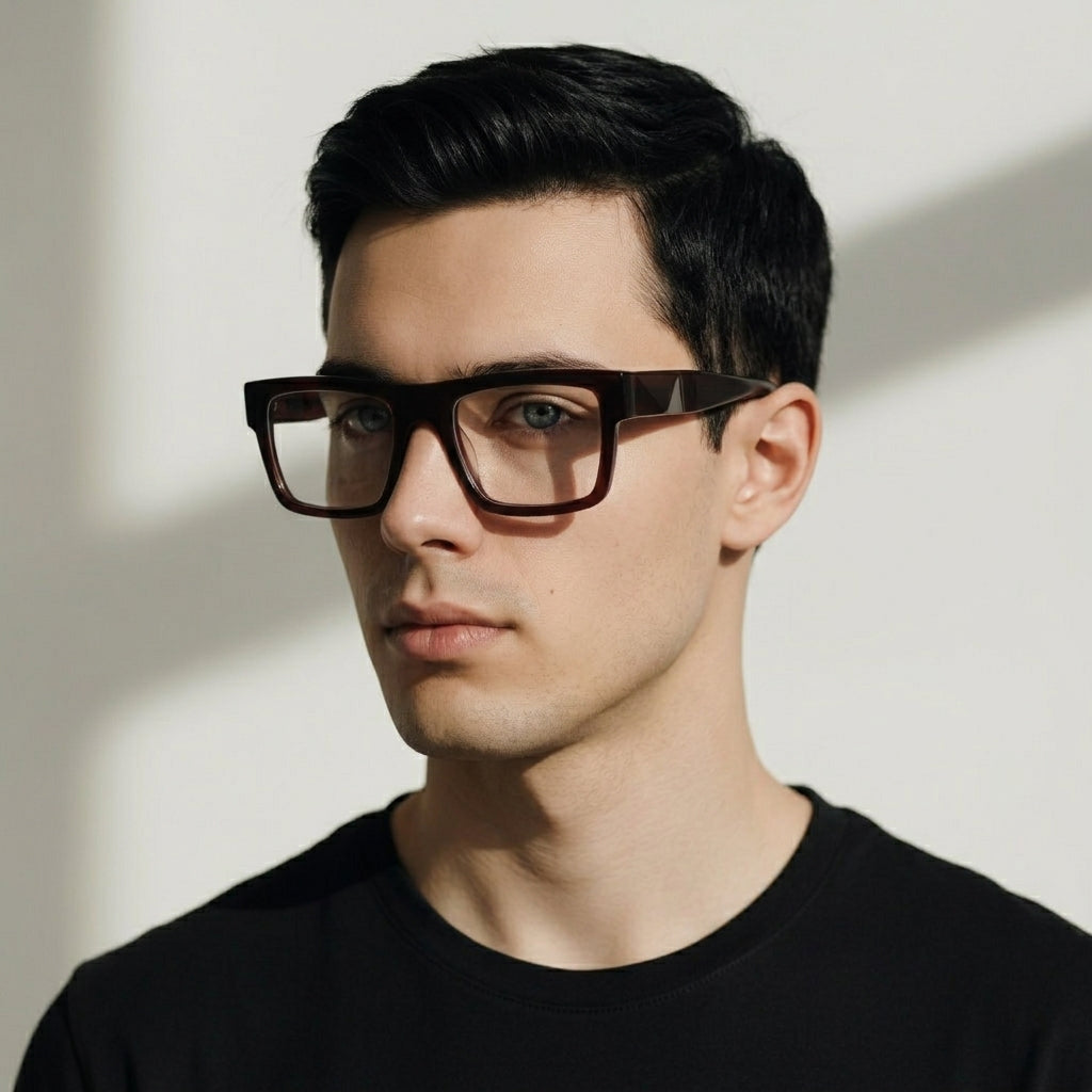recatnagle brown glasses