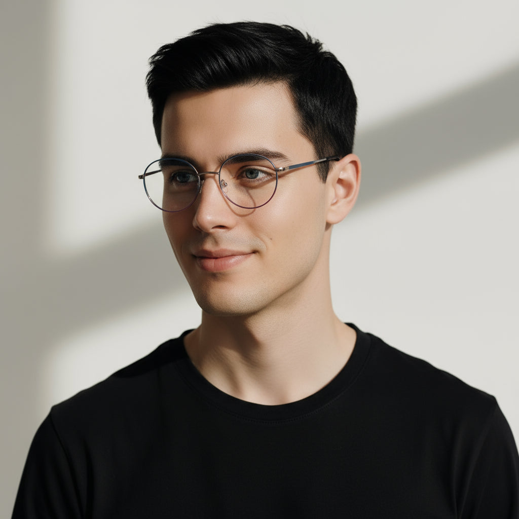 Round silver eyeglasses with thin frame 